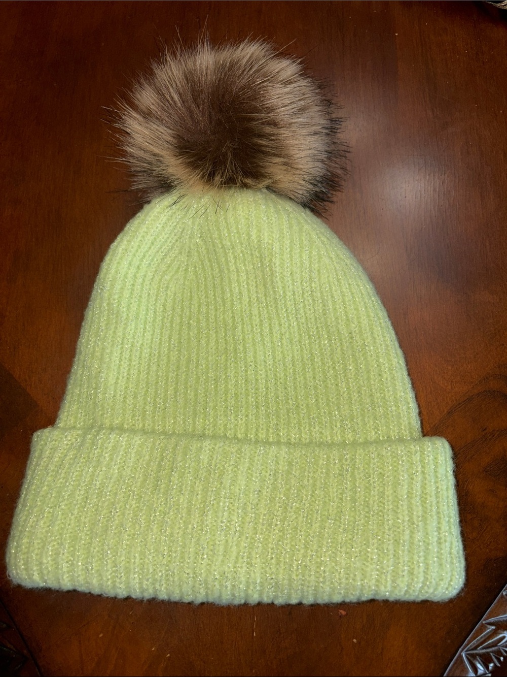 Lime Green Ribbed Beanie with Faux Fur Pom